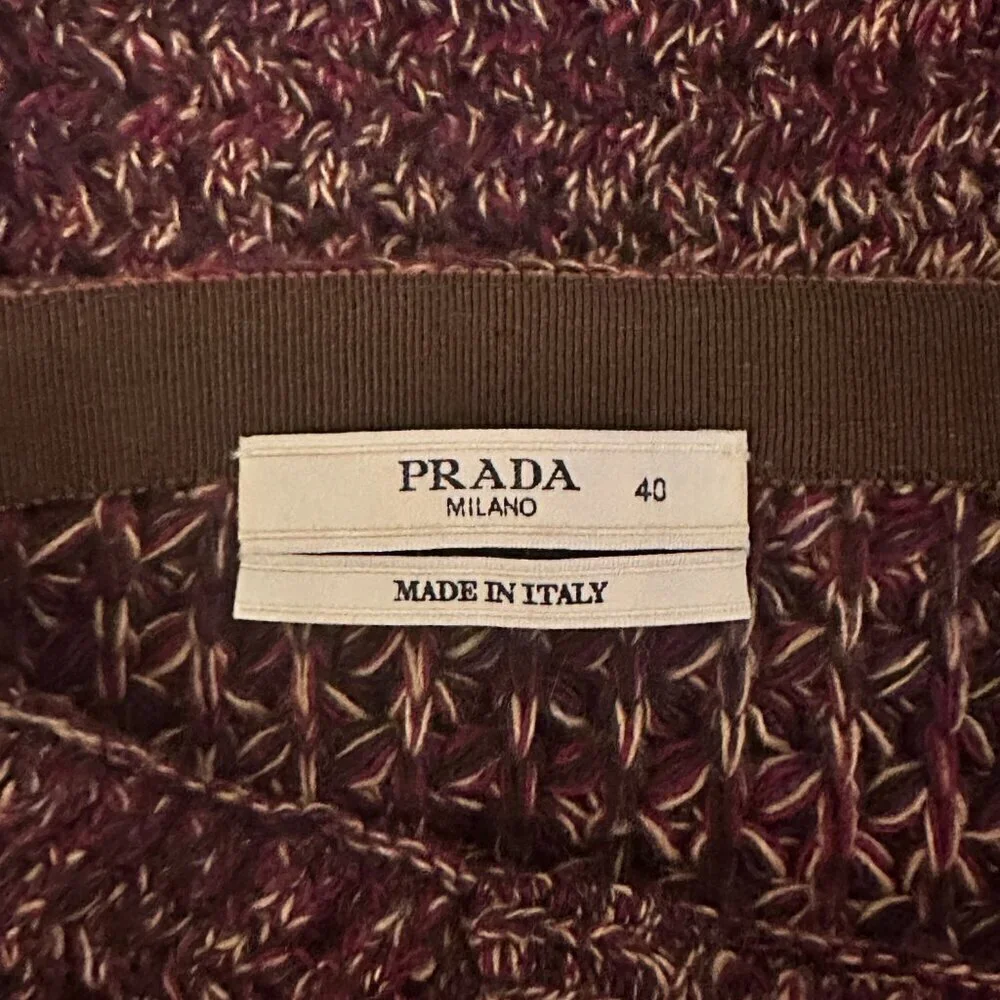 Women's 40 (10) Prada Burgundy & Tan Thick Knitted Pencil Skirt Stretch - Picture 4 of 5